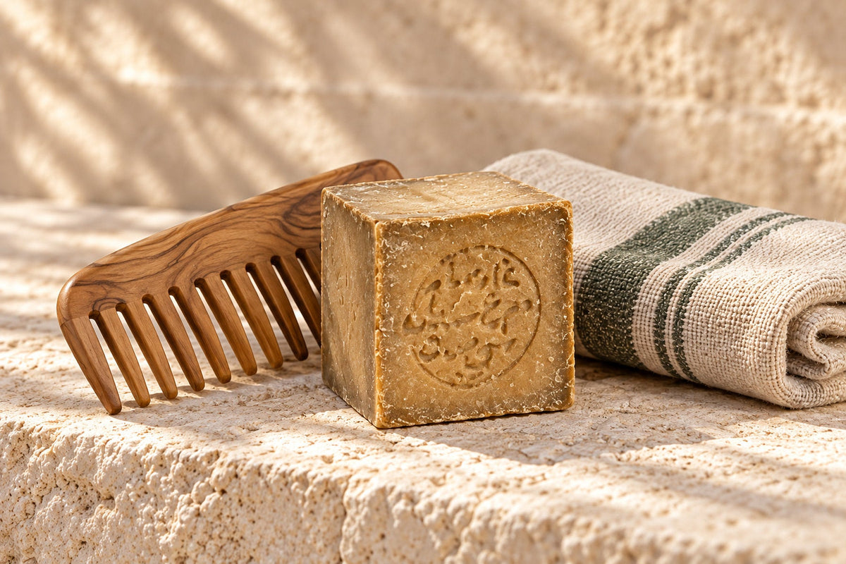 A cut bar of Aleppo soap showing its green interior under a tan crust