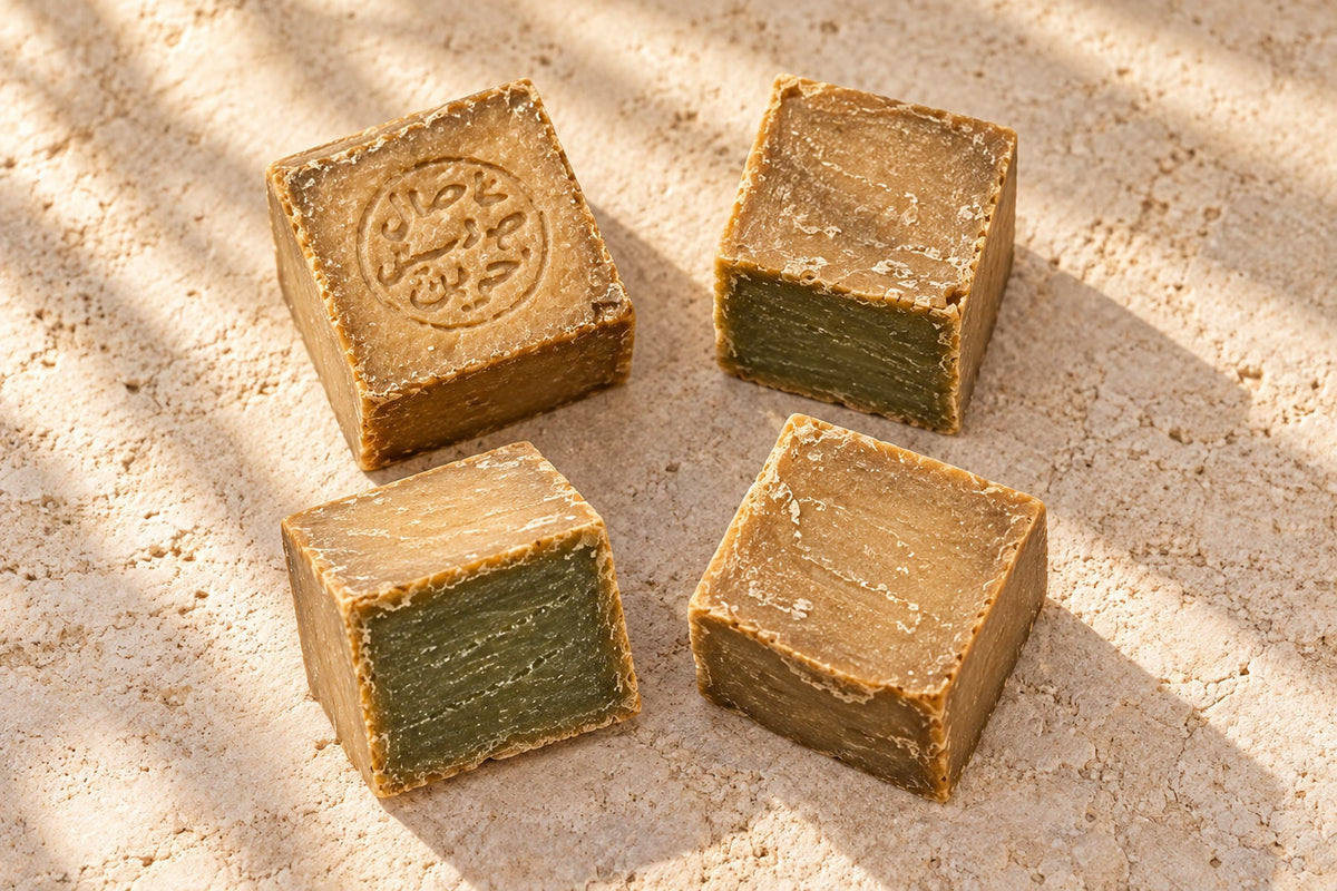 A halved bar of Aleppo soap showing a green interior next to a whole stamped bar