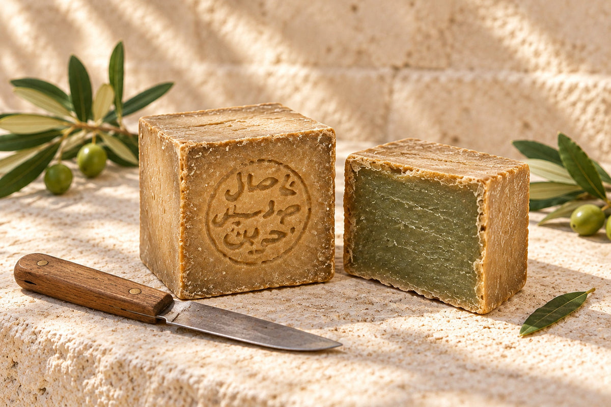 Close-up of a halved bar of Aleppo soap showing a green interior under a tan crust
