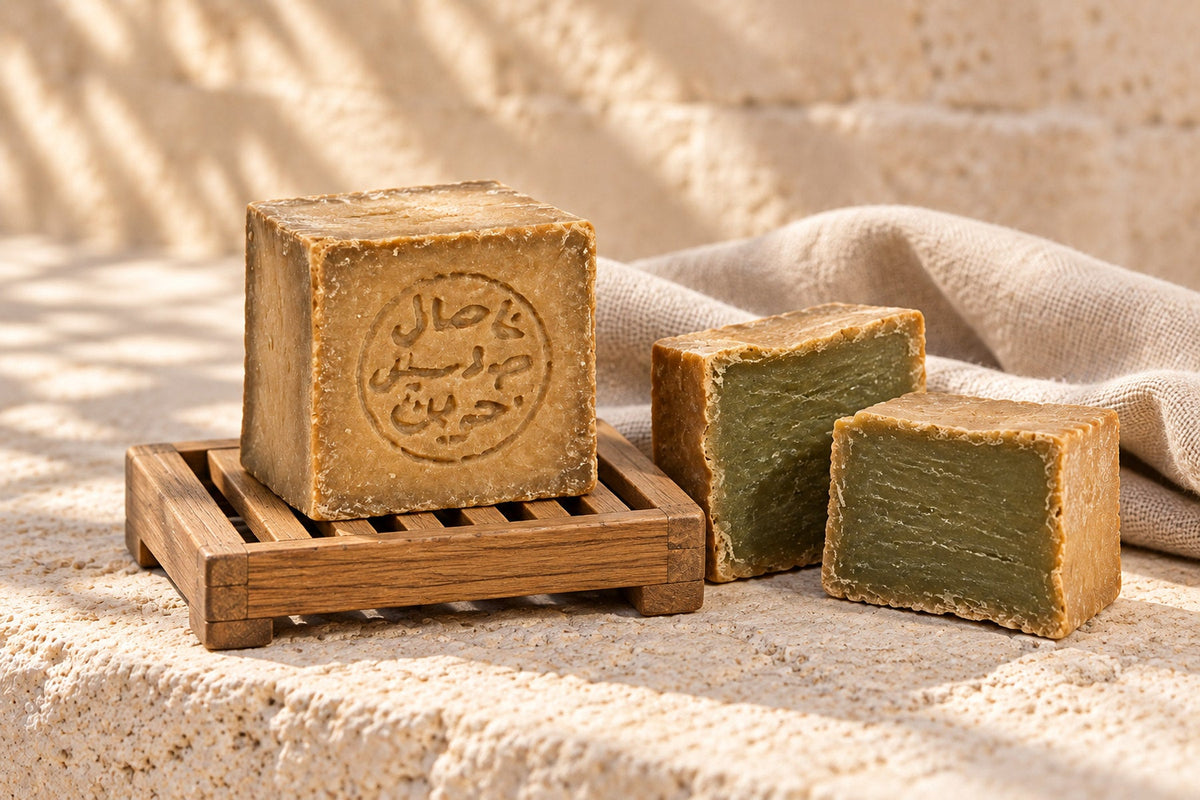 Two bars of Aleppo soap, one cut open, next to olive leaves