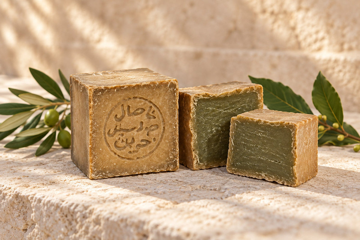 A halved bar of Aleppo soap showing its green interior beside a whole stamped bar and two olive leaves