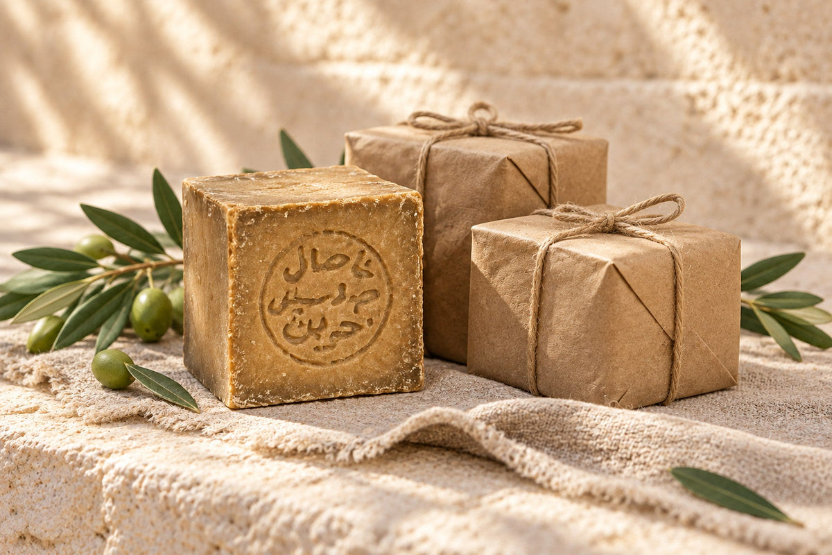 A halved bar of Aleppo soap showing a green interior next to a whole stamped bar