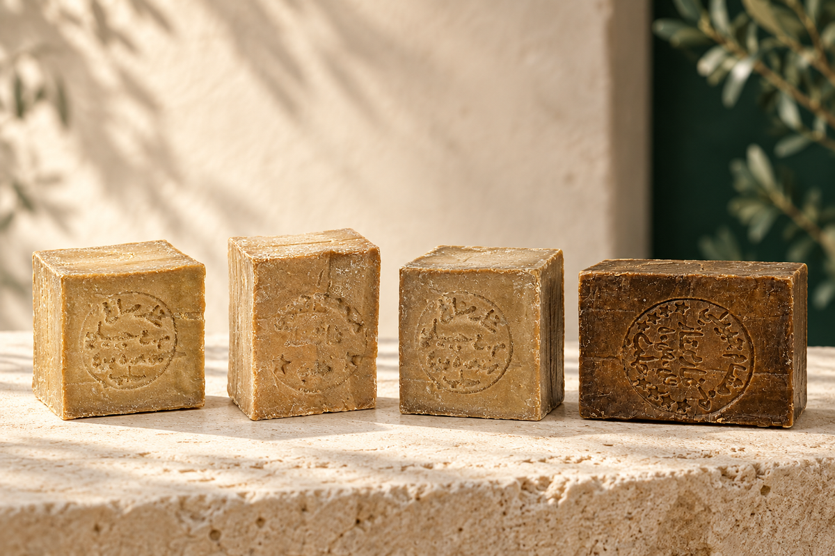 All four ALEPO Aleppo soaps in a row, from pure olive oil to 40% laurel