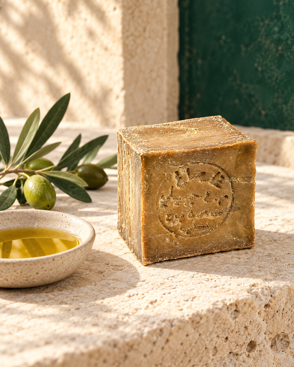 Pure olive oil Aleppo soap beside a dish of olive oil and an olive branch