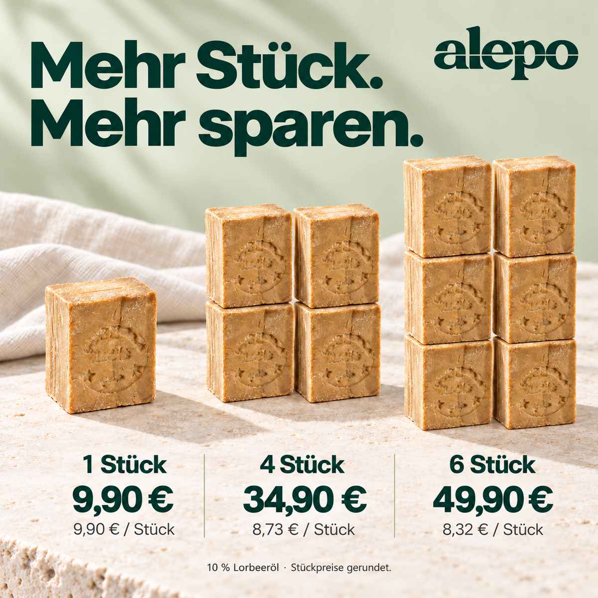Aleppo-Seife mit 10 % Lorbeeröl im Einzel-, Vierer- und Sechserpack.