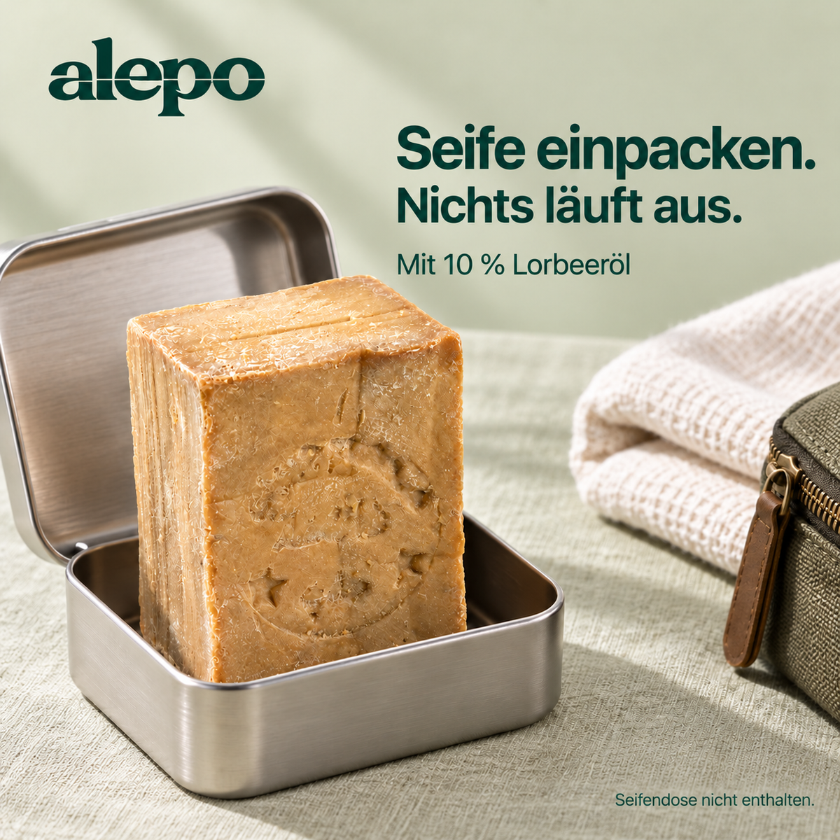 Aleppo-Seife mit 10 % Lorbeeröl in einer Seifendose; Dose nicht enthalten.
