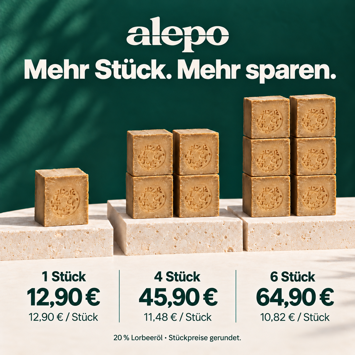 Aleppo-Seife mit 20 % Lorbeeröl im Einzel-, Vierer- und Sechserpack.