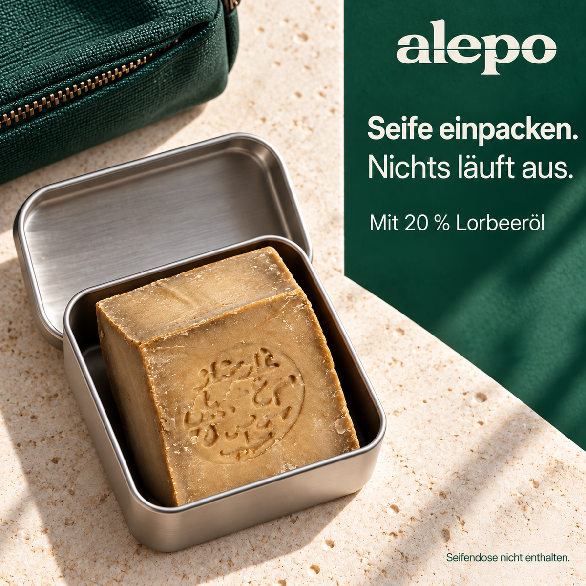 Aleppo-Seife mit 20 % Lorbeeröl in einer Seifendose; Dose nicht enthalten.