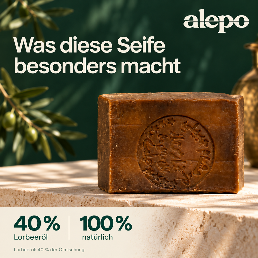 Aleppo-Seife mit 40 % Lorbeeröl: 100 % natürlich.