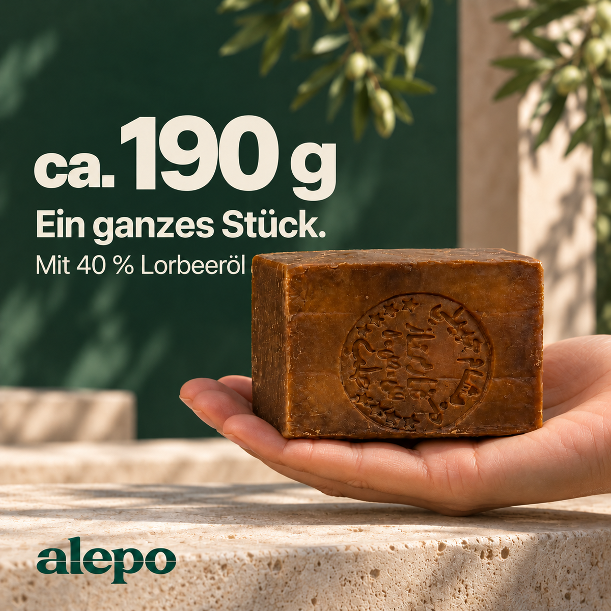 Aleppo-Seife mit 40 % Lorbeeröl, ein ganzes Stück.