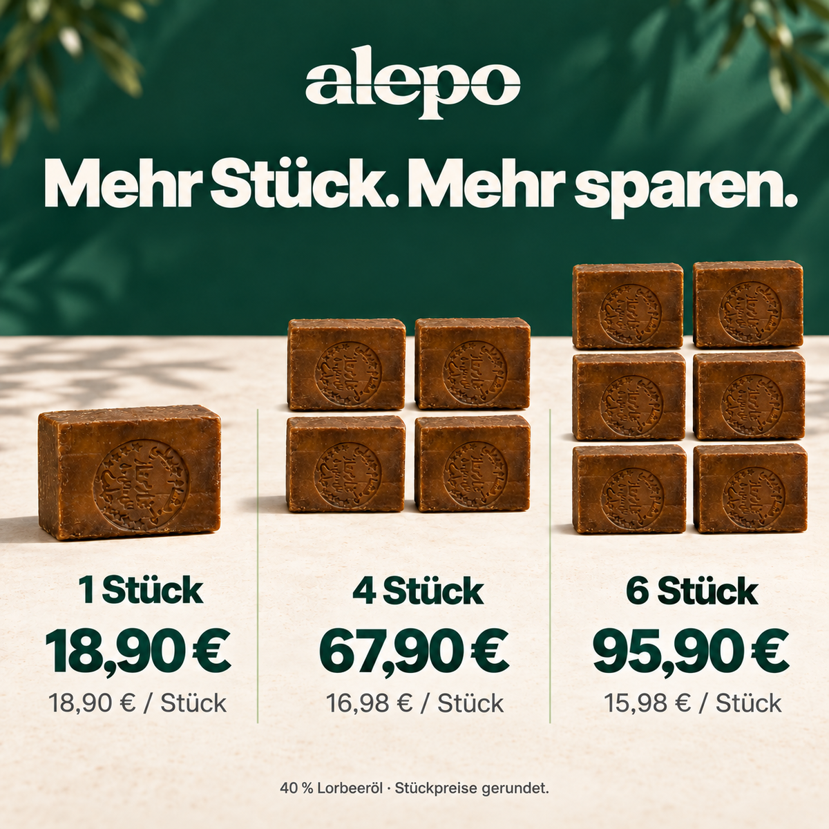 Aleppo-Seife mit 40 % Lorbeeröl im Einzel-, Vierer- und Sechserpack.