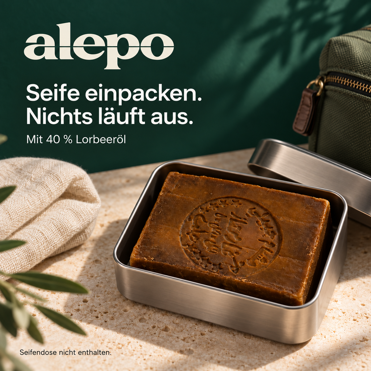 Aleppo-Seife mit 40 % Lorbeeröl in einer Seifendose; Dose nicht enthalten.
