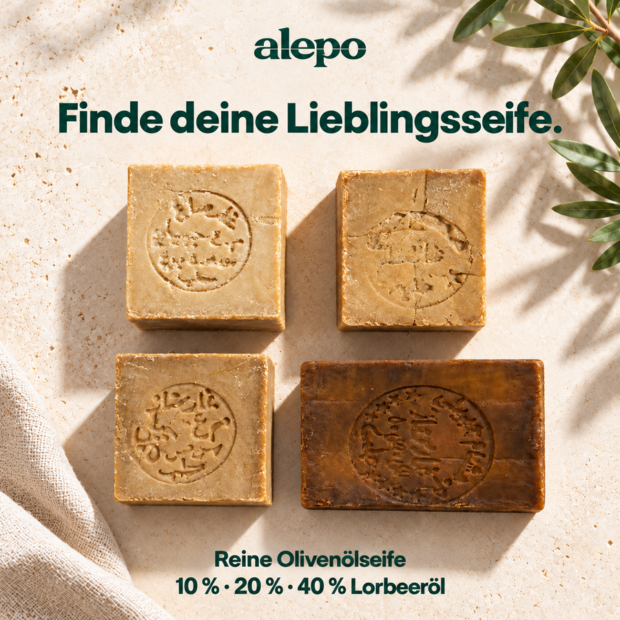 ALEPO-Entdeckerset: reine Olivenölseife und drei Lorbeerölseifen.
