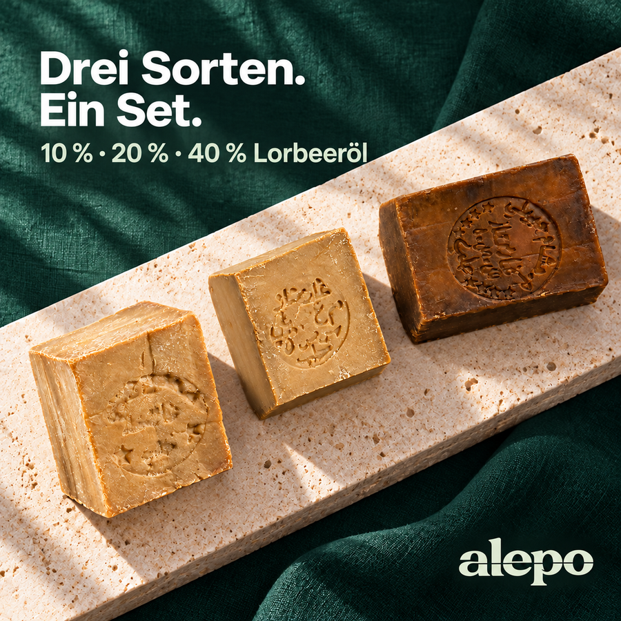 Drei Aleppo-Seifen mit 10 %, 20 % und 40 % Lorbeeröl.