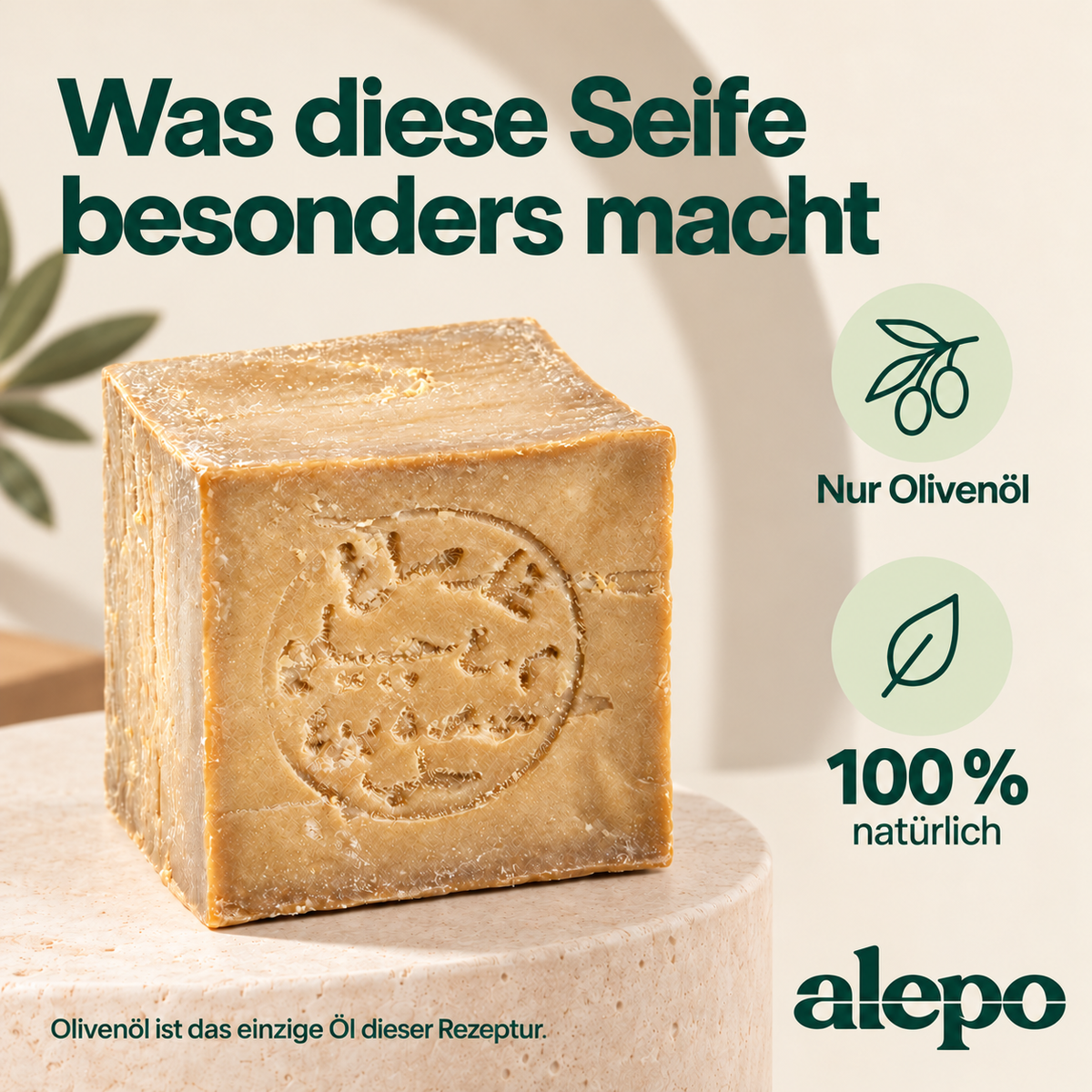 Reine Olivenölseife: nur Olivenöl, 100 % natürlich.