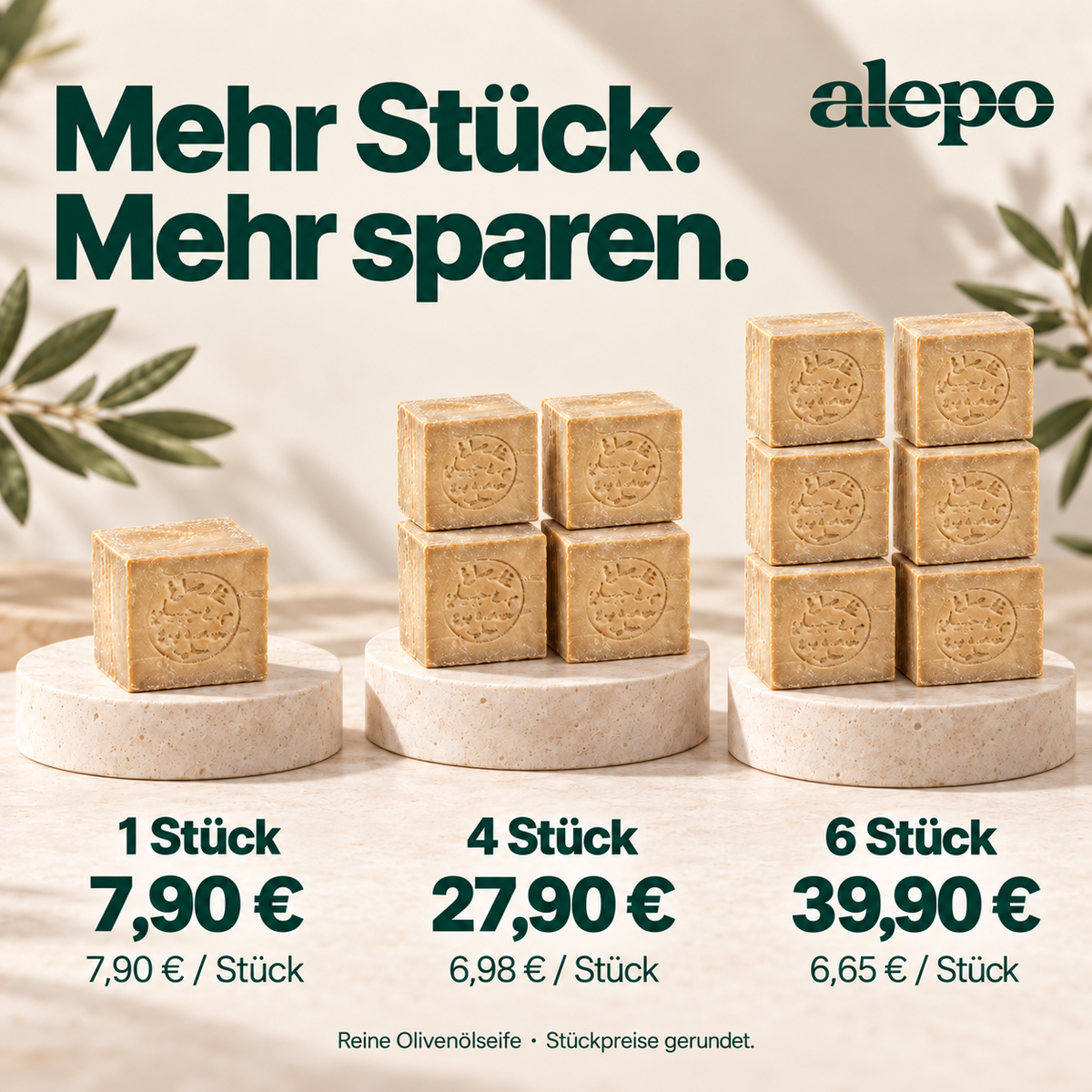 Reine Olivenölseife im Einzel-, Vierer- und Sechserpack.