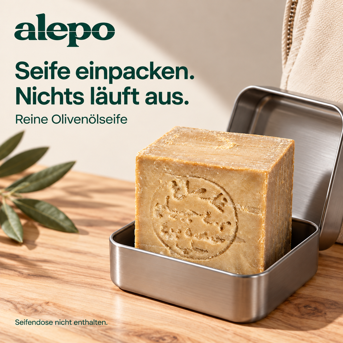 Reine Olivenölseife in einer Seifendose; Dose nicht enthalten.