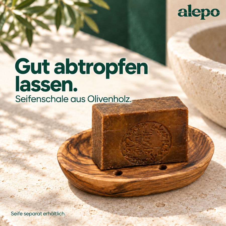 Seifenschale aus Olivenholz mit Ablauföffnungen; Seife separat erhältlich.