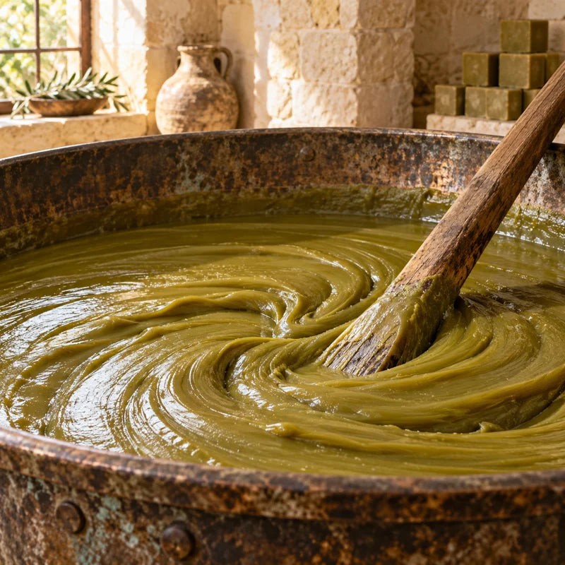 Illustration of soap mixture and a wooden paddle during soap-making