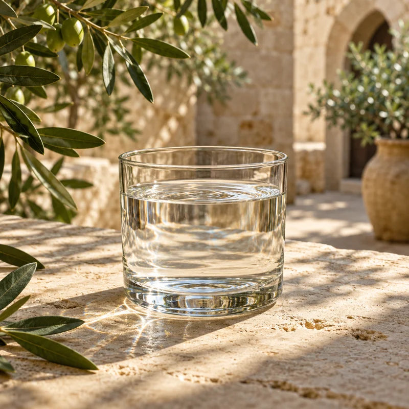 Clear water in a glass on warm limestone